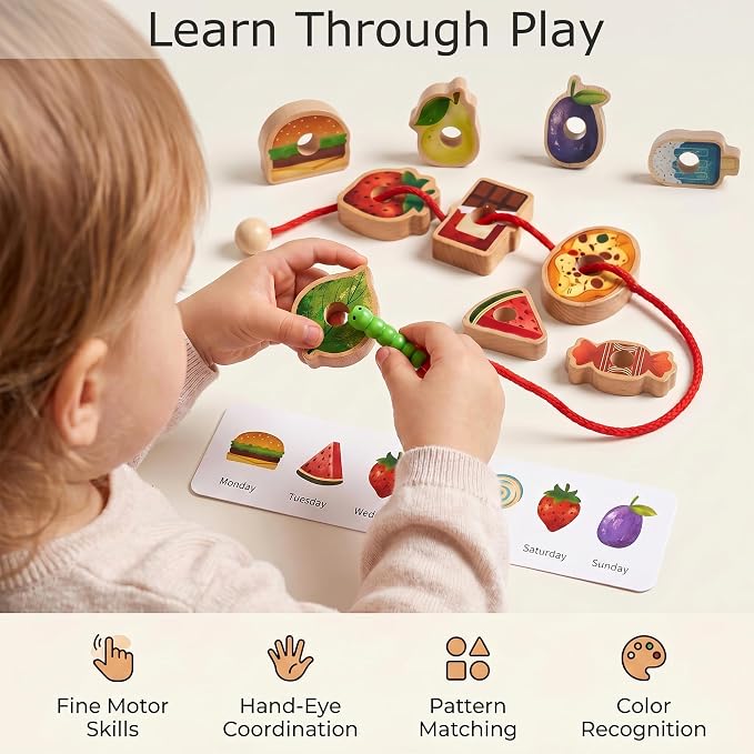 Wooden Caterpillar Lacing Toy, Fine Motor Skills Toy for Toddlers | 18 PCS Fruit Vegetable Food Threading Beads with Pattern Cards, Preschool Learning Gift