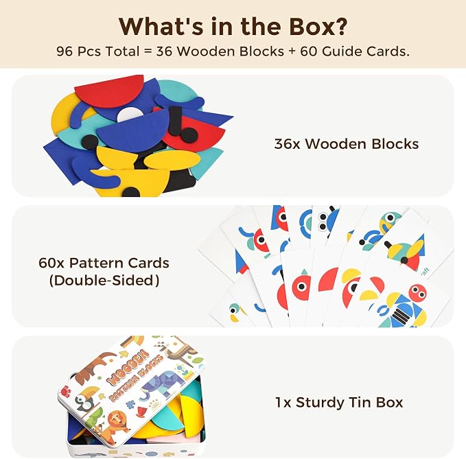 LovesTown Pattern Blocks with Iron Box, Wooden, 96pcs | for Kids 3+, Montessori Learning Toys, Indoor Recess Activities, No-Screen Quiet Play