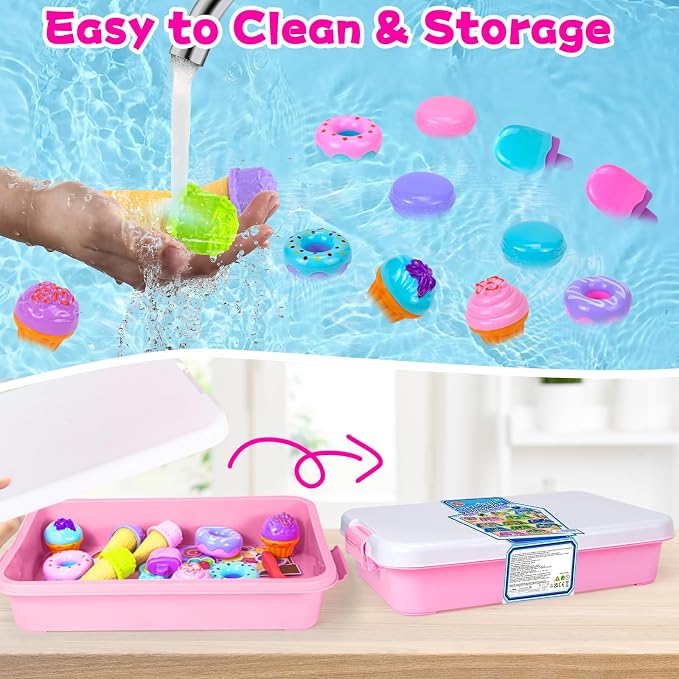 Hymaz Play Sand Kit for Girls, Ice Cream Sensory Bin Sandbox | Creative Bake Shop with 2.2lbs Magic Sand, Ice Cream & Cake Models, Cleaning Tools, Pretend Beach Cake Stand Toys Gift