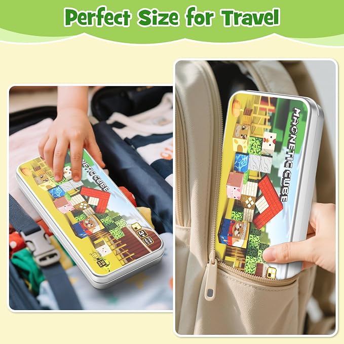Mini Magnetic Travel Building Blocks: 35 PCS Farm Animals STEM Toys | Metal Storage Box as Play Base - Portable Magnets Cubes Road Trip & Airplane Activities Essentials for Kids Toddlers Ages 3-8