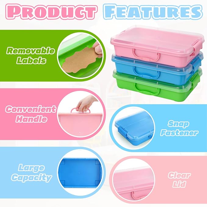3 Pack Plastic Sensory Bins with Handle, 15 Stickers | Portable Clear Lid Sandbox Container, Large Sand Water Play Tray Crafts Organizers for Sand, Water, Beads