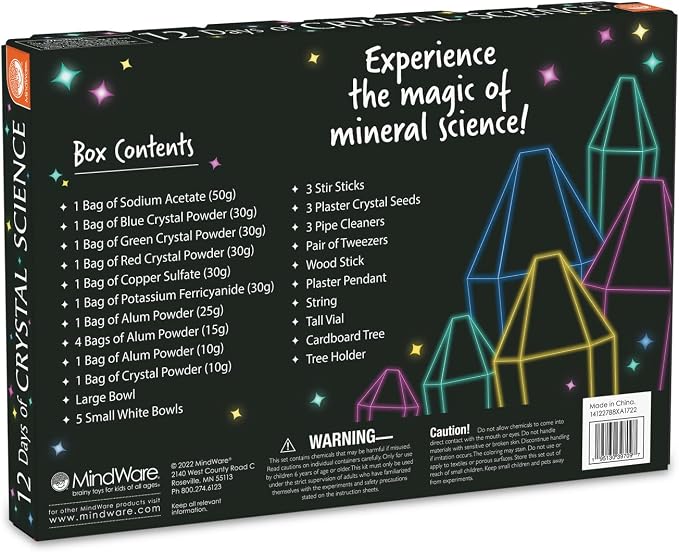 MindWare 12 Days of Crystal Science Kit | Hands-on experiments kids set up and run themselves. Includes 12 unique crystal science and 40 ingredients. Ages 8+.