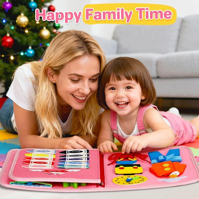 Busy Board Montessori Toys Toddler Girl Gift, Sensory Travel Toy for 1-3 | Preschool Educational Toy, Fine Motor Skills, Alphabet, Numbers, Shapes, Colors, Car & Airplane, Pink Multipages