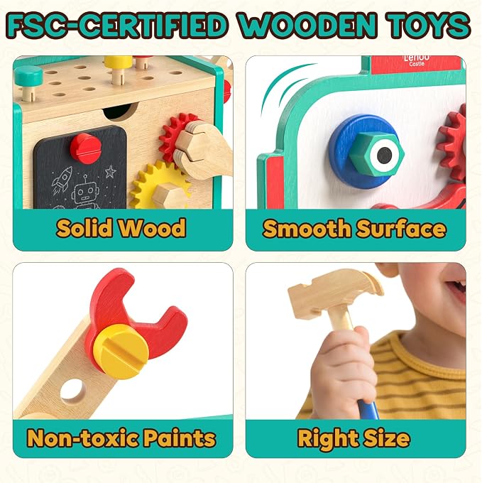 Lehoo Castle Kids Tool Set, Wooden Montessori Robot Tool Bench for Boys 3+ | Toolbox Workbench with Blackboard, STEM Construction Learning Toys for Kids Age 3-5, Birthday Gifts for Boys Girls