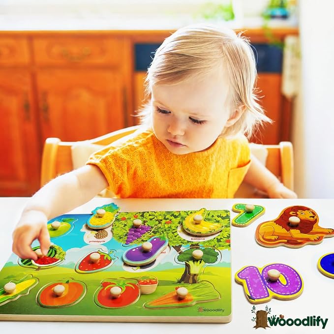 5 Pack Wooden Peg Puzzles for Toddlers 1-3 - Toddler Puzzles with Alphabet Numbers & Animals — Baby Wood Puzzle Gift - Puzzles for Toddlers 2-4 - Puzzles for Kids Ages 3-5 Learning Toys Boys and Girls
