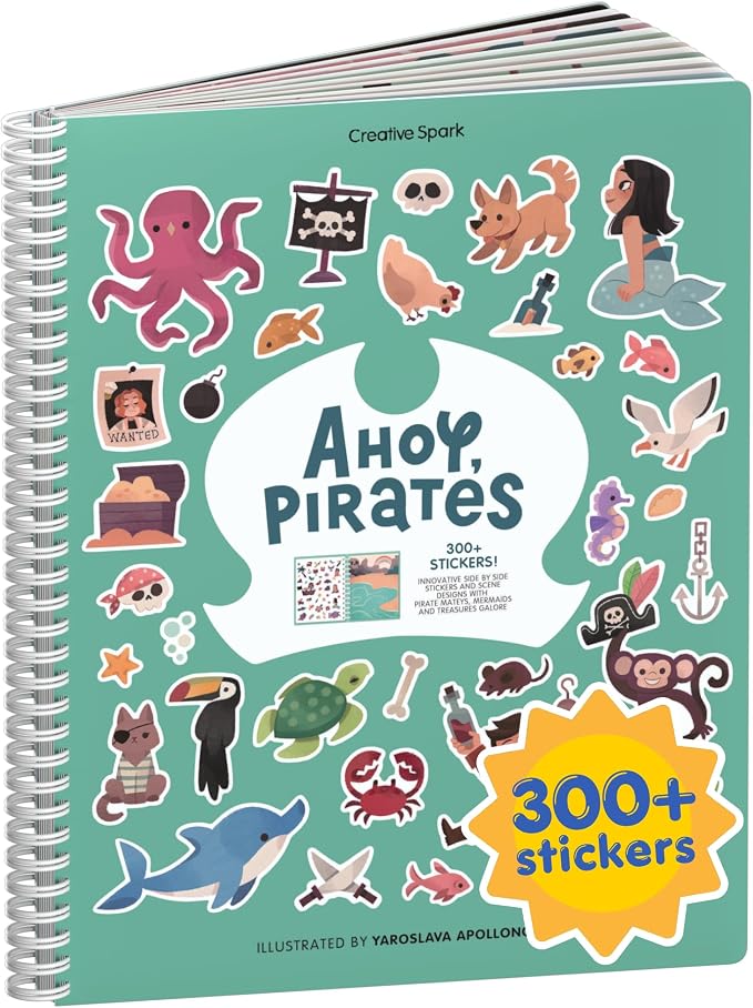 Cupkin Pirate Coloring & Sticker Activity Book | 300+ Stickers | Spiral-bound kids craft format with 8 scenes, 8 art pages, side-by-side viewing, and an easy-peel design for ages 2–8