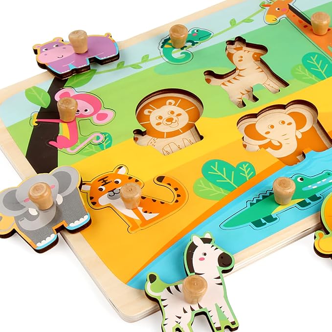 Wooden Peg Puzzles for Toddlers 1-3 - Montessori Educational Learning Puzzle Toys for Baby Gifts