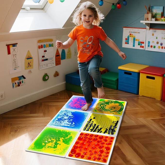 Sensory Floor Tiles for Kids: 12" Liquid and Textured Mats, 4 Pack | Visual and Tactile Surfaces for Autism Sensory Play, Texture Exploration, Sensory Paths, Stepping Games, and Sensory Rooms