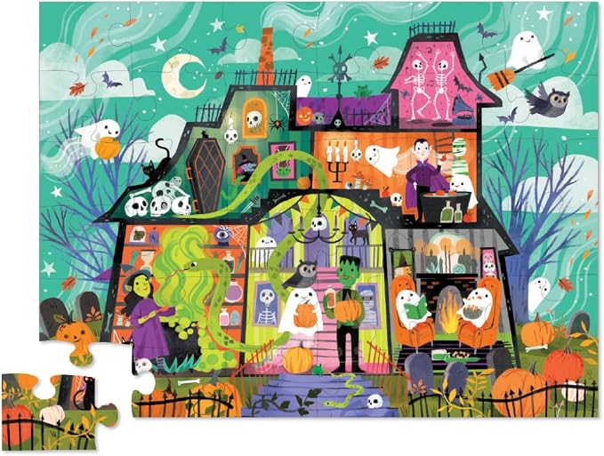 Crocodile Creek 36-Piece Jigsaw Floor Puzzle with Heavy-Duty Shaped Box for Storage, Large 16" x 20" Completed Size, Designed for Kids Ages 3 Years and up, Haunted House