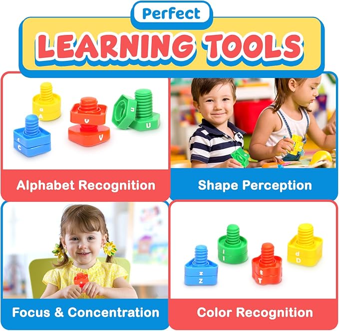 Letters Learning Matching Game | Preschool Toys Set for Toddlers | 26 Alphabet Learning Toys with 52 pcs Nuts and Bolts Sorting & Stacking Toys, ABC learning Educational Montessori Toy for Kids