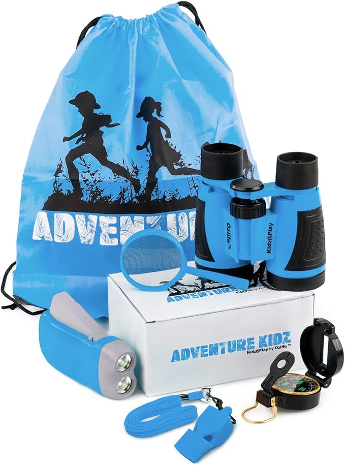 Adventure Kidz - Outdoor Exploration Kit, Children’s Toy Binoculars, Torch, Compass, Whistle, Magnifying Glass, Backpack. Great Kids Gift Set for Camping, Hiking, Educational and Pretend Play. | Children's Binoculars, Flashlight, Compass, Fox Whistle, ...
