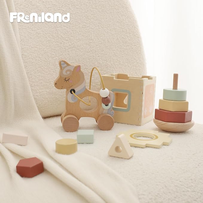 FReniland Montessori Toys for 1 Year Old，3-in-1 Wooden Baby Toys，Wooden Stacking Toy，Toddler Shape Sorting Cube, Unicorn Ring Toy
