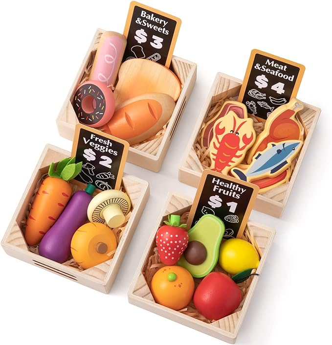 Tiny Land 43 Pieces Wooden Play Food Sets for Kids Kitchen | 100% Wood Kids Toy Food for Toddlers 3+ Year Old, Pretend Food Play Kitchen Accessories Set for Boys and Girls