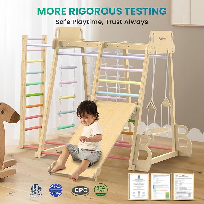 Upgraded Indoor Jungle Gym 9-in-1 Playground Kids Climbing Toys | Waldorf Style Wooden Climber Playset with Slide, Swing, Monkey Bars, Upright/Rope Ladder, Climb Net, Colorful