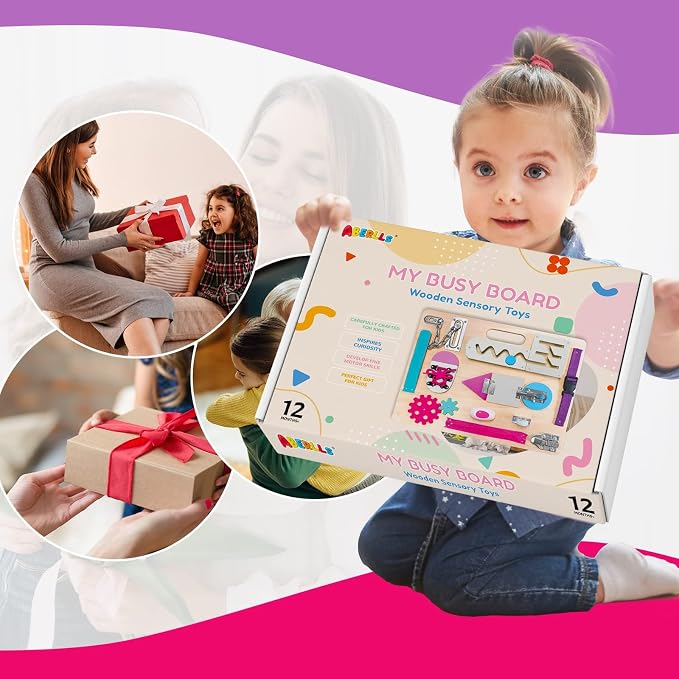 Toddlers Busy Board, Montessori Busy Board for Age 1, Wooden Sensory Toys | Preschool Learning Activities, Basic Life Skills, Fine Motor Skills, Educational Birthday Gifts for Kids Ages 1 2 3 4, Pink
