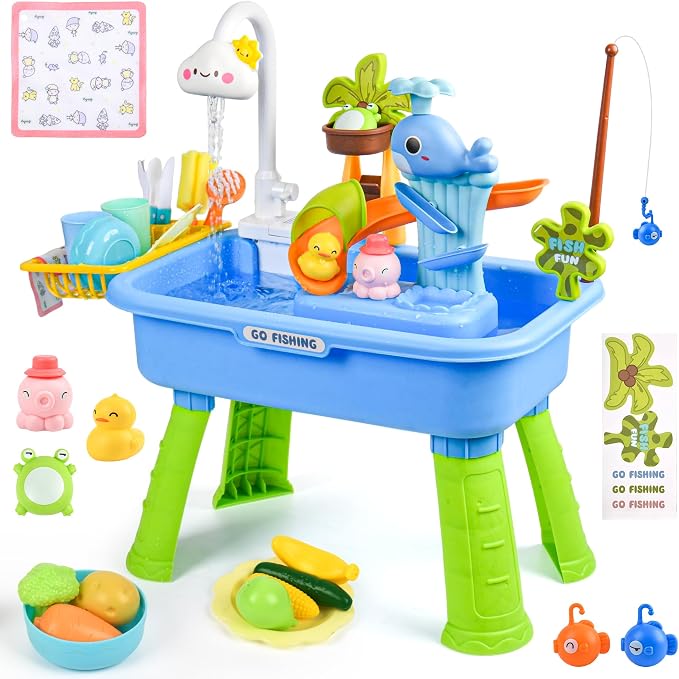 Upgraded 4-in-1 Sand Water Table for Toddlers 1-3, Kids Sensory Table with Electric Water Pump & Cloud Faucet, Play Kitchen Sink with Food Accessories, Fishing Toy ‒ Adjustable Height (Blue)