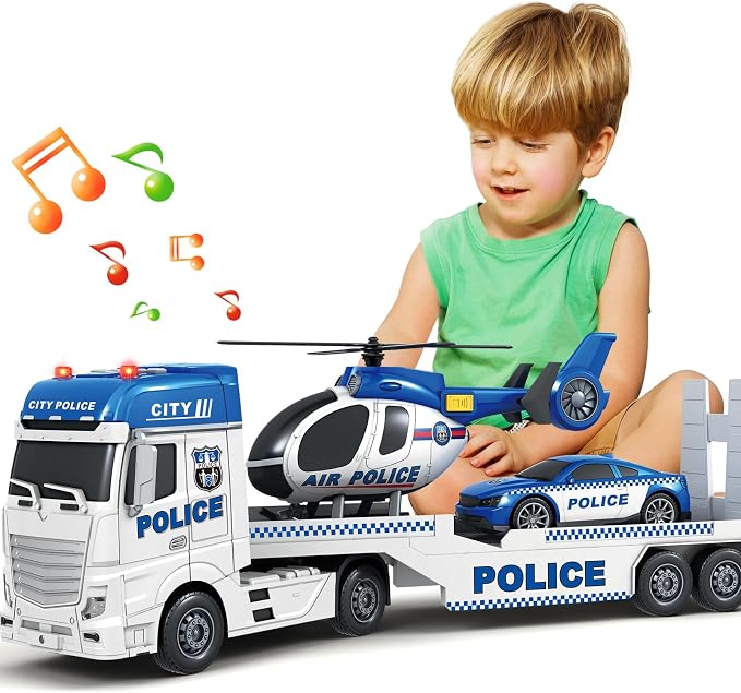 Kids Toys for 3 4 5 6 7 8 Years Old Boys, 25" Police Truck Toy with Racing Car and Helicopter, Toddler Friction Powered Truck Vehicle Toy with Lights, Sounds for Boys Girls Christmas Birthday Gifts