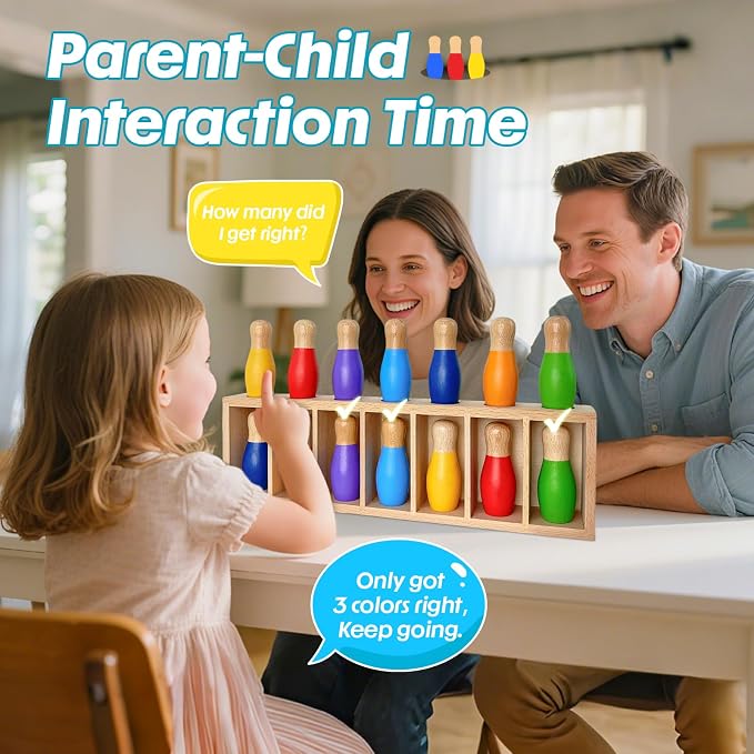 pamexin Family Games for Kids, Wooden Bowling Color Matching Game with 7 Bright Pins and Storage Bag, Family Board Games Party Birthday Gift, Fun Party Game for Boys Girls