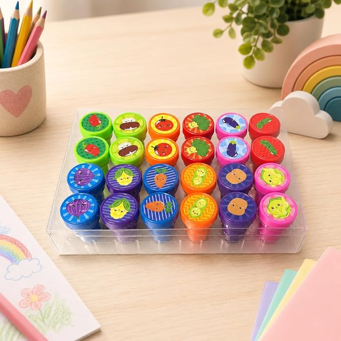 Cinrobiye 24 Pcs Vegetable Stampers Party Favor Set, Cute Veggie Stamps for Kids Birthday Party, Classroom Rewards, Educational Learning Toys, Goody Bag Fillers, Healthy Food Party Supplies