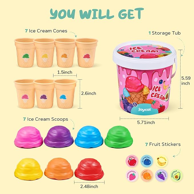 JoyCat Ice Cream Toy Set for Toddlers 1-5,Color Sorting & Stacking Toys | Match colors, stack scoops and serve pretend ice cream; included 7 cones and scoops support counting and little-hand play