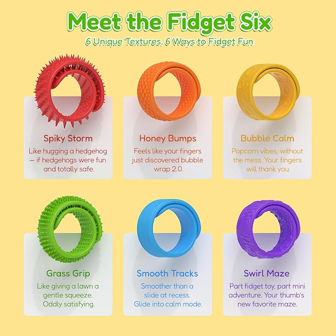 Fidget Toys Slap Bracelets - 6 PcsTextured Silicone Sensory Toys for Kids, Autism Calming Sensory Toy, Wearable Stress Fidgets for Adults Office Desk, Special Needs, Travel, Classroom Must Haves