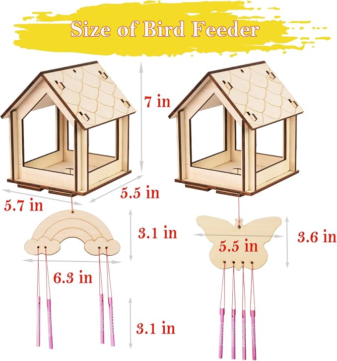 Kids Arts and Crafts for Outdoor,2 Pack Bird Feeder Wind Chime Kits for Children to Build and Paint, DIY Unfinished Wood STEM Painting Activities Crafts Toys for Boys Girls Ages 3-5 4-8 8-12 6-8