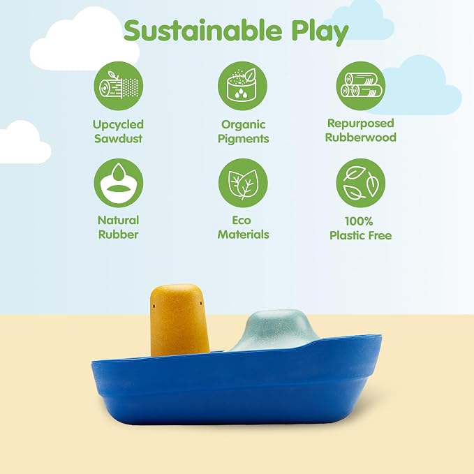 PlanToys® Tugboat Wooden Bath Toy, Floating Boat Fine Motor Imaginative Play