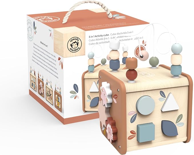 5-in-1 Activity Cube, Educational Wooden Toy with Bead Maze, Shape Sorter, Gears, Puzzle & More, Develops Social, Communication & Numeracy Skills, Non-Toxic Paint, Ideal for Kids | bead maze, shape sorter, gears, puzzle, 5-in-1 cube, montessori toys, p...