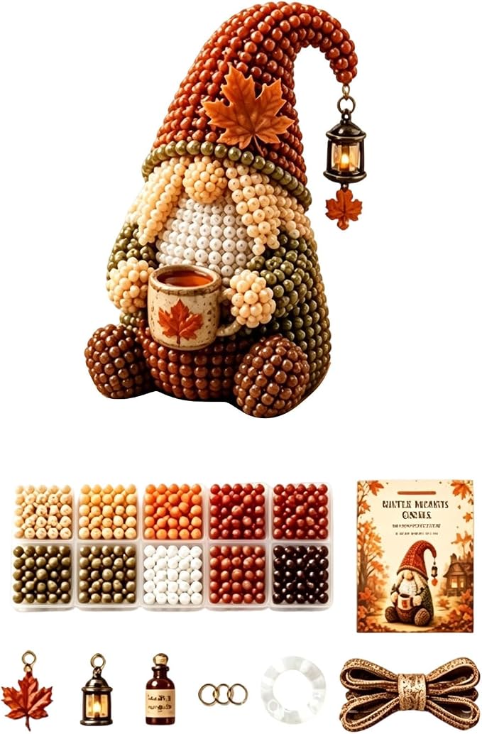 3D Beaded Gnome Craft Kit, 7.1in Non Slip Stable Structure Bead Threading Project Box, Handmade Gnome DIY Toy Set with Charms for Kids Ages 6 Plus Adults