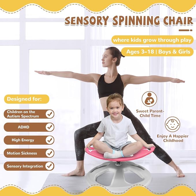 Zhenx Spinning Chair for Autistic Kids with Handles - Autism Sensory Toy | 220LBS Capacity Sensory Swivel Seat for ADHD Kids, Autism Sensory Products, Calming Gift Improve Focus & Body Balanc (Pink)