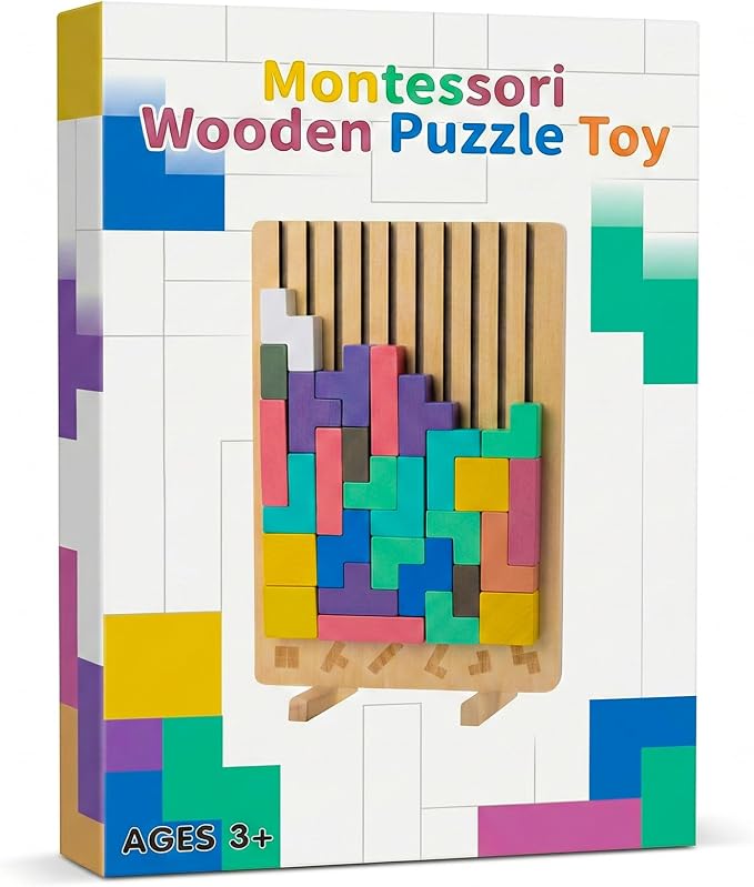 Wooden Montessori Brain Blocks, Quick-Reset Pattern Bag, Gift 3+ | 2-in-1 Building & Puzzle Game, 9 Shapes, 20 Challenges, Instruction Guide, Screen-Free, Educational Play