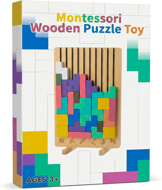 Wooden Montessori Brain Blocks, Quick-Reset Pattern Bag, Gift 3+ | 2-in-1 Building & Puzzle Game, 9 Shapes, 20 Challenges, Instruction Guide, Screen-Free, Educational Play