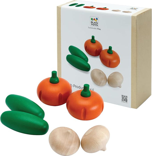 PlanToys® Wooden Fresh Produce Cucumbers, Onions & Pumpkins Sliceable Kids | slicing, knife, fruits and vegetables toys, pretend food, girls, boys, fine motor role play, imaginative social gift set