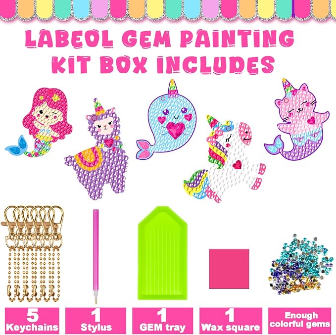 Labeol Arts and Crafts for Kids - Creat Your Own GEM Keychains-5D Diamond Painting by Numbers GEM Kits for Kids Girls Toddler Age 6-7 6-8 10-12
