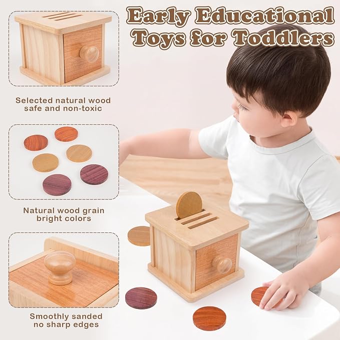Adena Montessori Wooden Double-Sided Coin Box Object Permanence 6-12 Months | Solid wood, smooth edges. Two play modes, 6 coins. Builds grip, focus, fine motor. For 6-12 month infants. Gift.