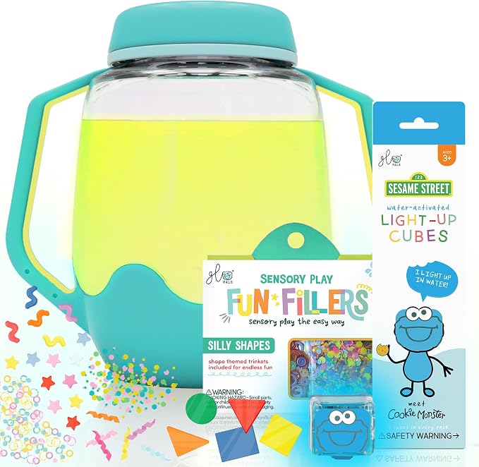 Glo Pals Play Pack Bundle, Jar, Light Up Cubes & Fillers, Cookie Monster | Sesame Street Character Water-Activated Bath Toy Cubes Glow Blue, Light-Up Sensory Jar, Themed Fun Fillers
