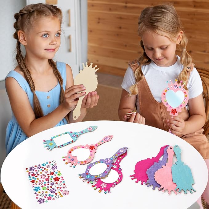 24Pcs Wooden Princess Mirror Craft Party Favors for Kids DIY Decorate | Hand Mirror, For Girls Art Activities