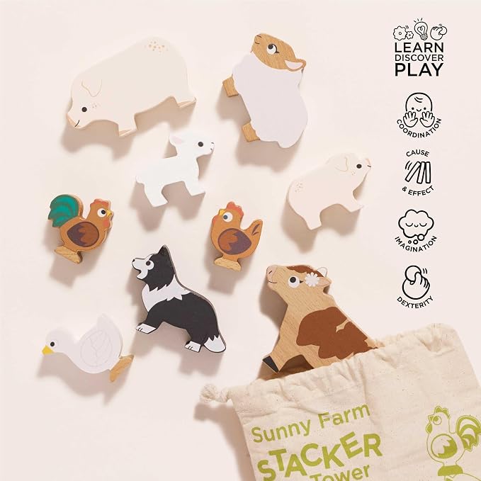 Le Toy Van Petilou Wooden Sunny Farm Stacking Animals and Bag | Farmyard Animal Building Blocks, Balancing Toy, Wooden Animal Toys for Toddlers, Suitable for 18 Months and Up