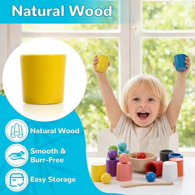 Color Sorting Toys, Wooden Montessori Rainbow Matching Game for Kids 3+ | 10 sorting cups, wooden rainbow balls, wooden spoon, plastic tongs, storage box, for color matching and fine motor play