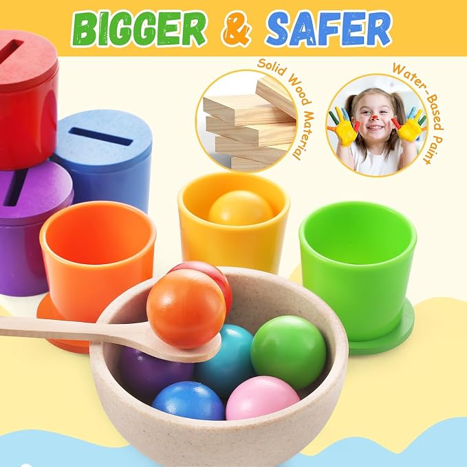 Ball in Cups Toddler Montesssori Toys, Rainbow Color Sorting Toy Coin Box Matching Game, Wooden Learning Color for Baby Toddler Fine Motor Developmental Sensory Toy