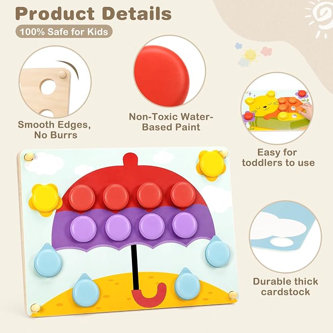 Joyreal Wooden Montessori Toys for 2 3 4 Year Old Girls Boy Birthday Gifts | Button Art Puzzle Game for Toddlers 2-4, Color Matching Pegboard for kid Preschool Learning Educational, Focus & Coordination
