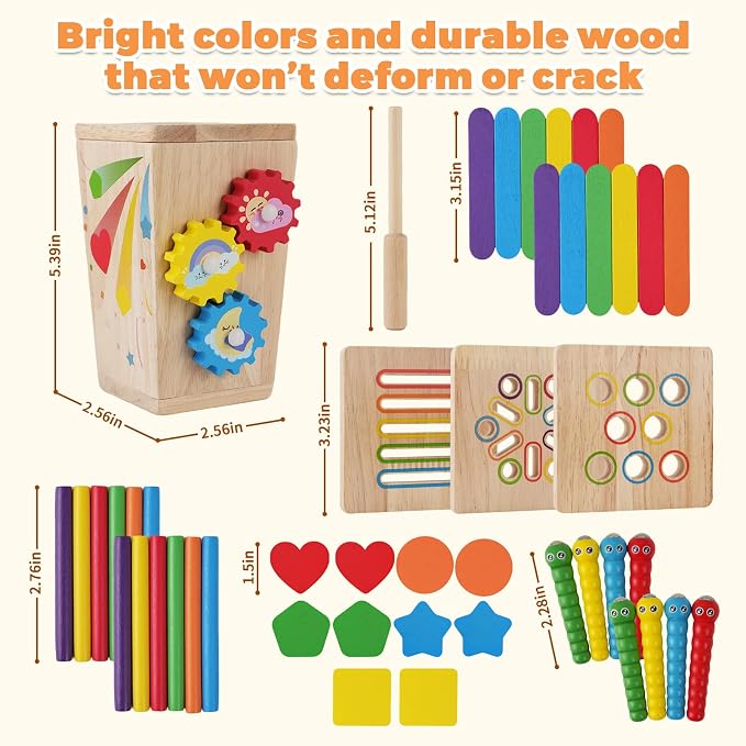 Wooden Montessori Baby Toys, 5 in 1 Fine Motor Skills Learning Toy, Educational Shape & Color Sorting Sensory Fidget Toy for Kids Ages 3-5, Birthday Gift for 6-8 Year Old Girls & Boys