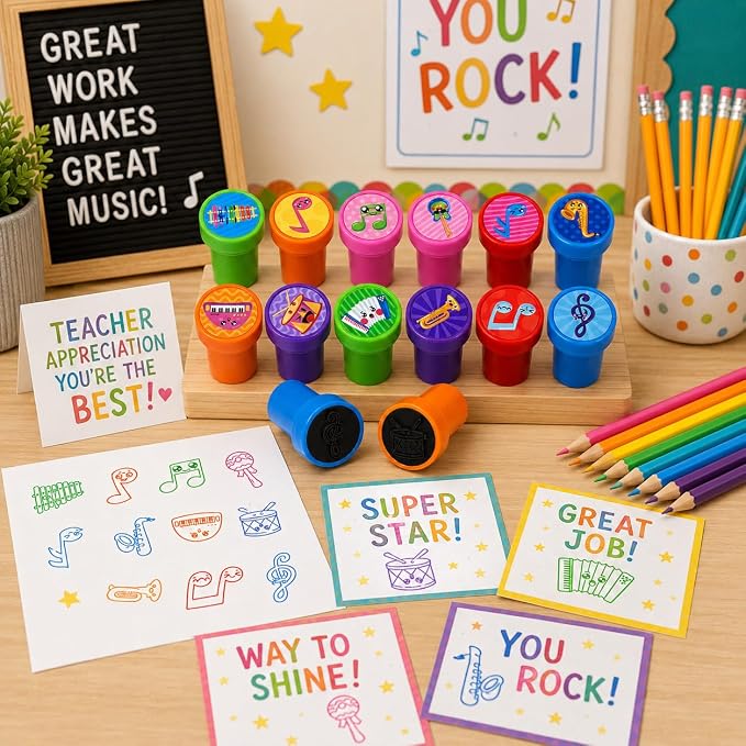 Cinrobiye 24 Pcs Music Stampers for Kids, Pre-Inked Musical Instrument Stampers, Music Party Favors, Birthday Party Supplies, Classroom Rewards, Goody Bag Fillers, Piñata Fillers