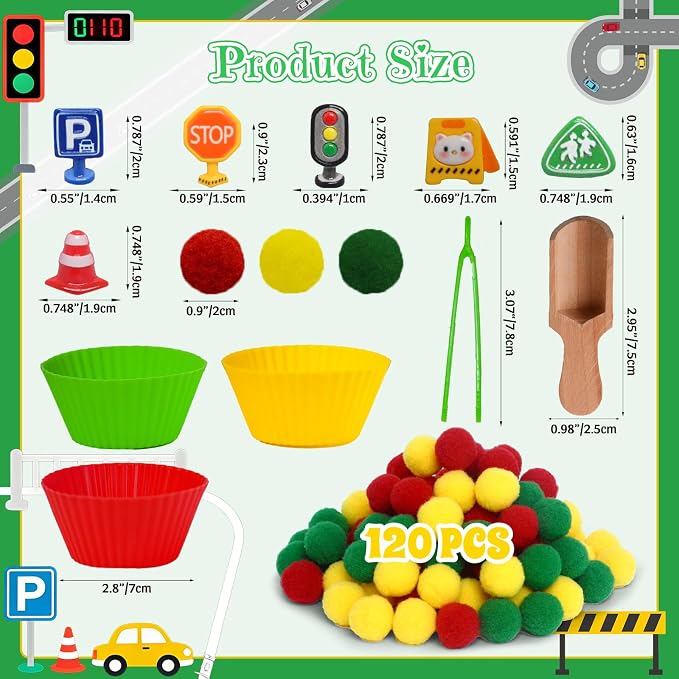 169pcs Traffic Signs Sensory Bin Filler Fine Motor Toys Traffic-themed Sensory Bin Items Traffic Light Stop Sign Traffic Cones Parking Sign Crosswalk Pom Poms for Preschool Color Counting Sorting