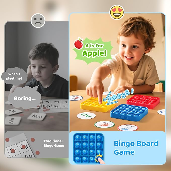 JoyCat Alphabet Bingo Game, 6 Silicone Boards & 26 Cards, Ages 3-5 | Reusable silicone boards suit preschool small groups, classroom centers, homeschool and travel play.