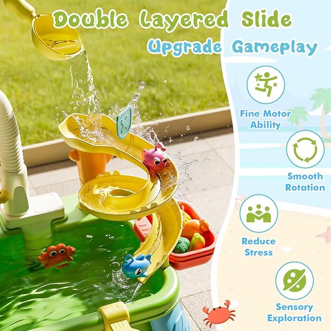 Upgraded 4-in-1 Sand Water Table for Toddlers 1-3, Kids Sensory Table with Electric Water Pump & Sun Flower Faucet, Play Kitchen Sink with Food Accessories, Fishing Toy ‒ Adjustable Height