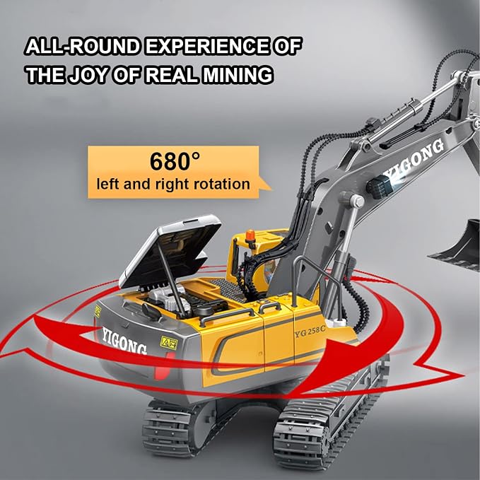 Remote Control Excavator 11 Channel RC Excavator Truck Toys 1/20 Scale 2.4Ghz Construction Vehicles with Metal Shovel 680° Rotation for Kids Boys Age 4-7 8 9 10 Year Old (Yellow)