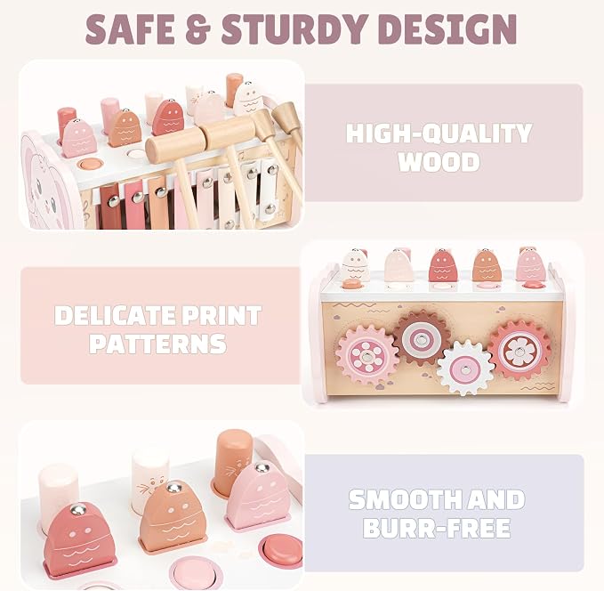 Joyreal Pink Wooden Montessori Toys for 1 Year Old Hammering Pounding Toys | Xylophone, Fishing Game, Gears, Toddler Learning Activities for Kids, Christmas Birthday Gifts for 1+ 2 3 Year Old Girls