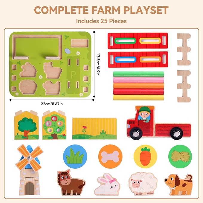 FIIOEOY Wooden Montessori Toys, Farm Animal Barn for Toddlers 1-3 Year Old | Colour Shape Sorting, Sorting & Stacking, Pretend Play, Educational Learning Toy, Fine Motor Skills, Birthday Gift