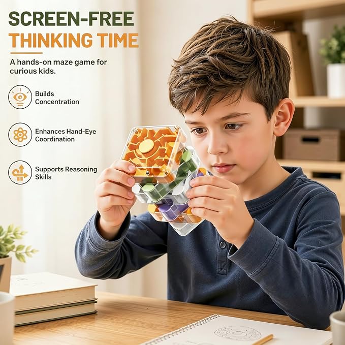 6 Layer 3D Rolling Ball Maze Cube, 2 in 1 Spin Fidget Toy for Kids | Fidget Toy and Stress Toy, 3D Brain Teaser Puzzle Game Portable Activity Toy Birthday Gifts for Kids Ages 3-7+ Boys Girls